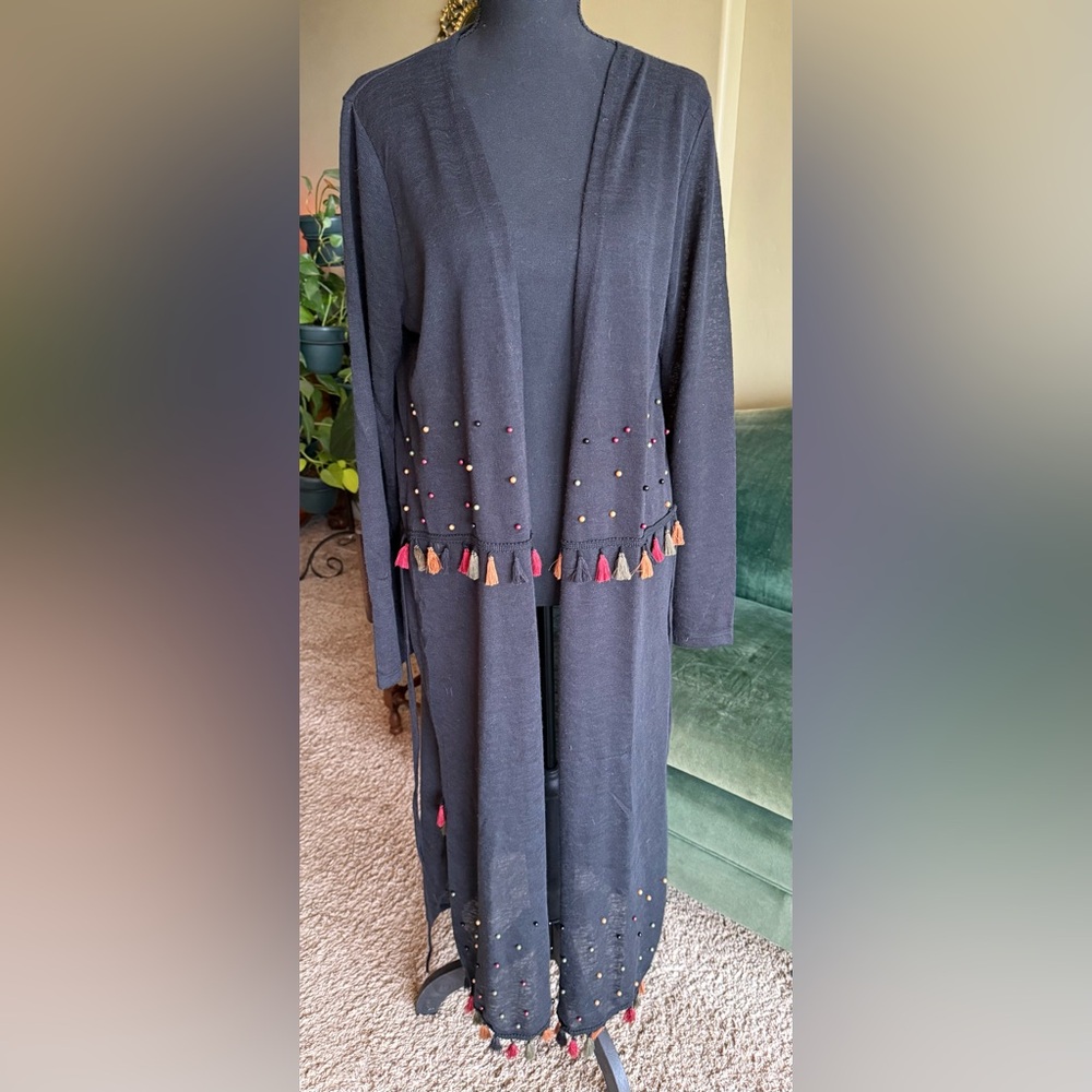 Beaded Mulan Kiss wrap sweater with tassels.